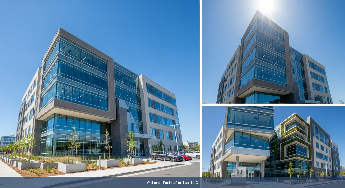 modern tech company office building exterior bright sunny day